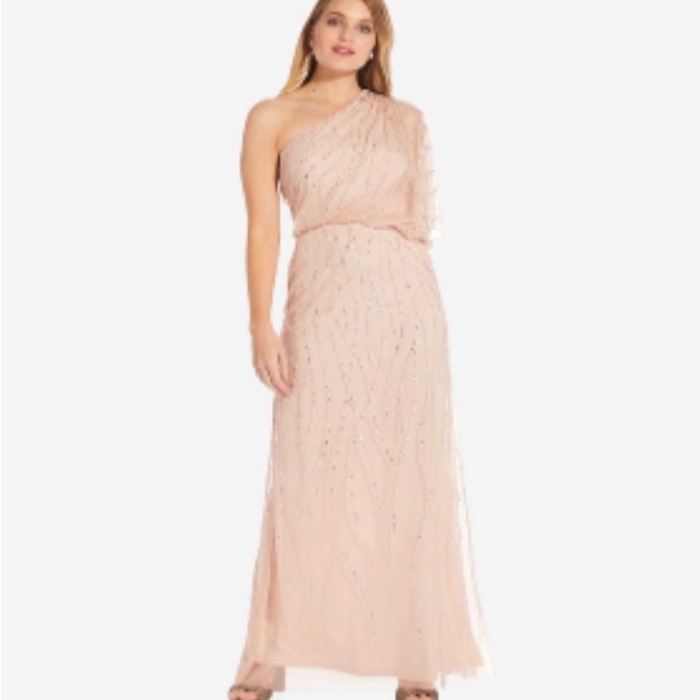ADRIANNA PAPELL Draped One Shoulder Sequin Gown in Blush - Mother of the Bride